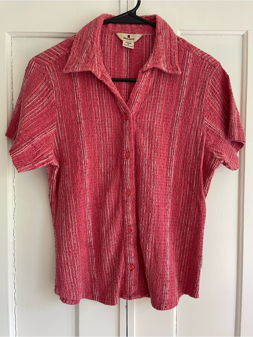 Woolrich Women’s Vintage-Inspired Red Short Sleeve Button Up Top Shirt Blouse